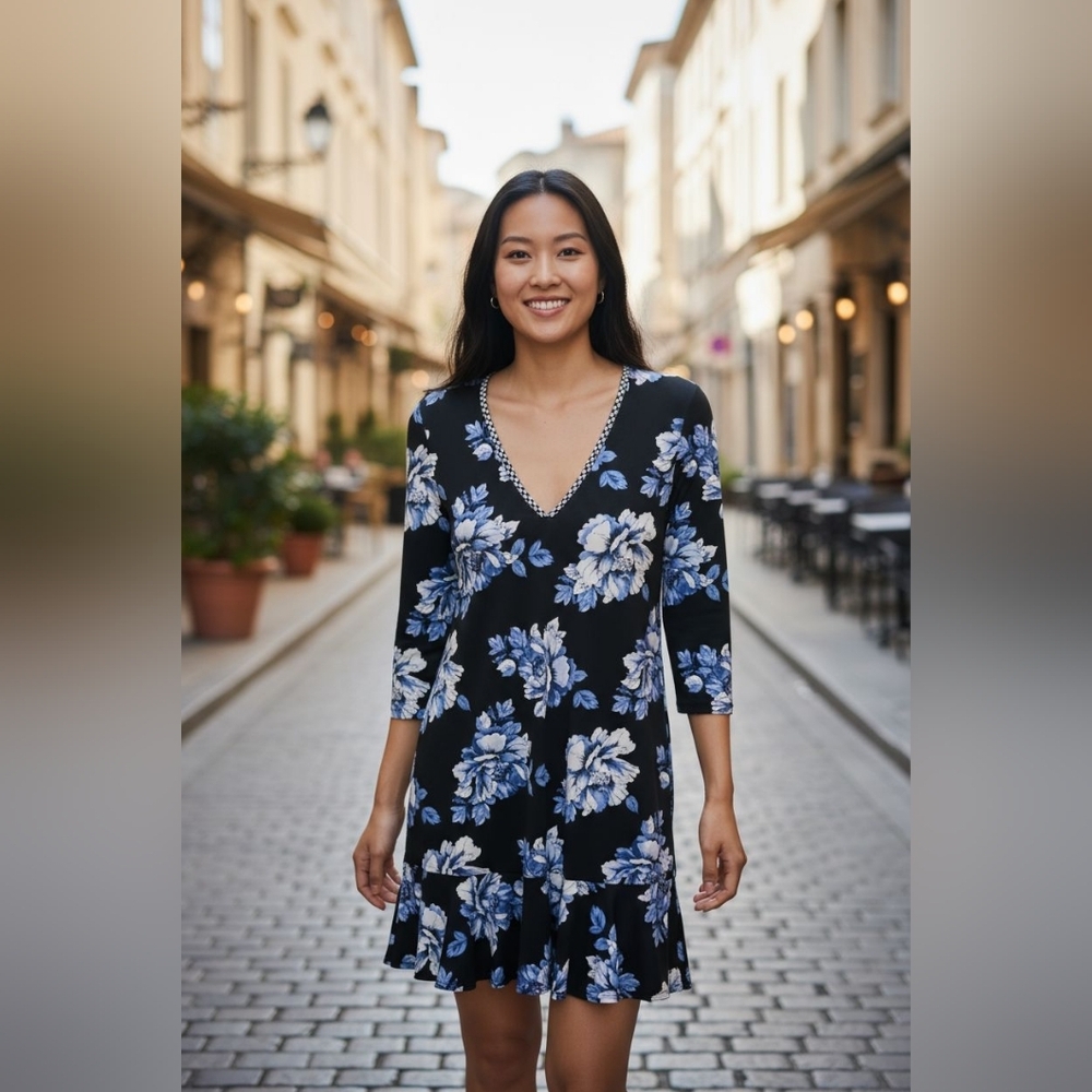 White House Black Market black blue floral Flutter hem v neck dress sz medium